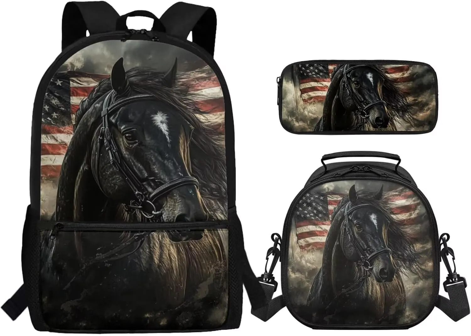 Horse School Back Pack for Kids with Lunch Box and Pencil Case Lightweight Sturdy Backpack with Side Pockets 3PCS Bookbag Set for Back to School