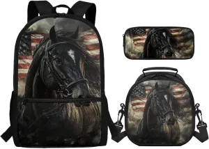 Horse School Back Pack for Kids with Lunch Box and Pencil Case Lightweight Sturdy Backpack with Side Pockets 3PCS Bookbag Set for Back to School