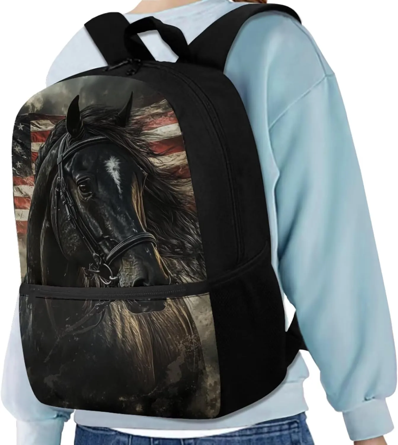 Horse School Back Pack for Kids with Lunch Box and Pencil Case Lightweight Sturdy Backpack with Side Pockets 3PCS Bookbag Set for Back to School