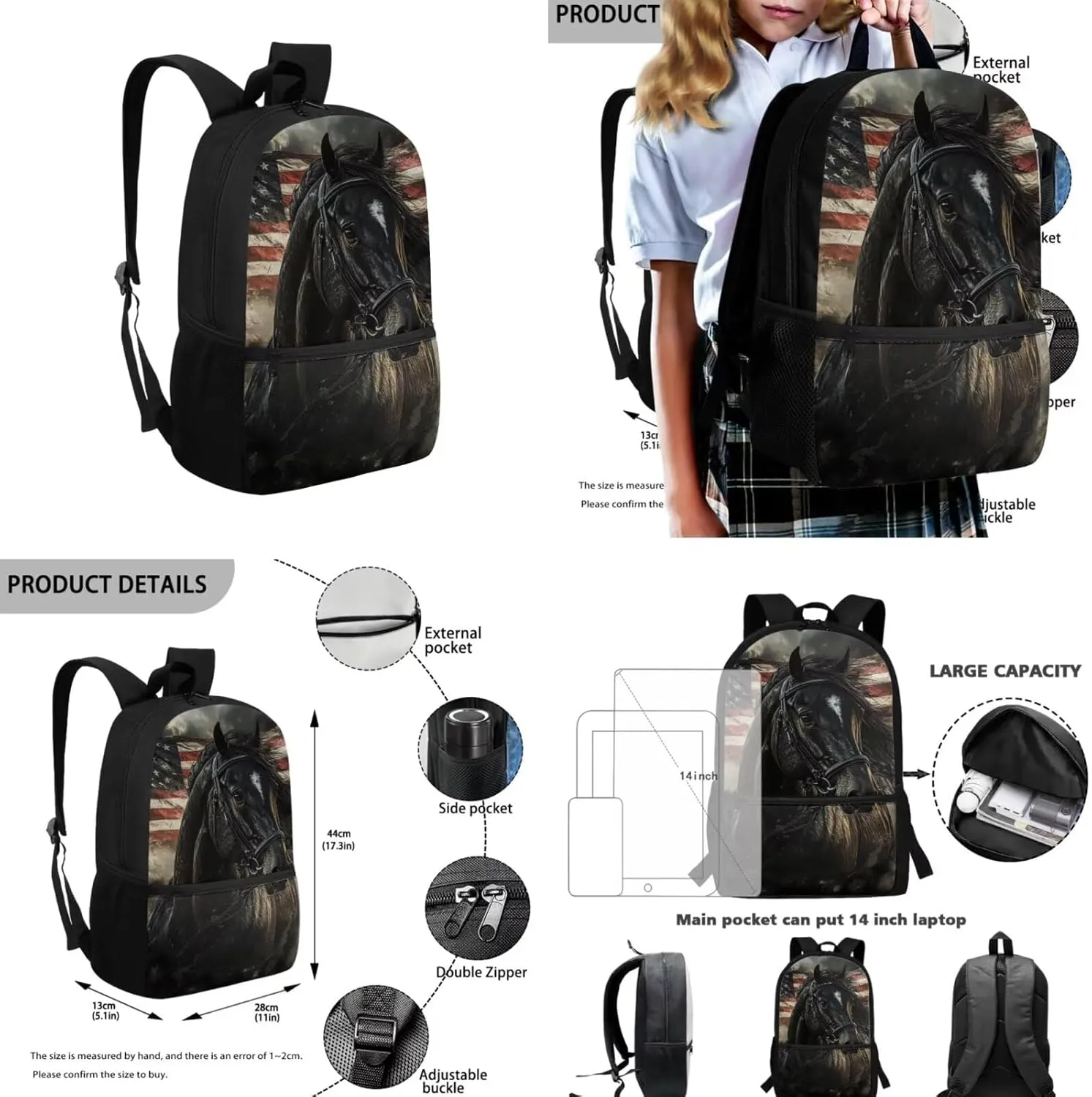 Horse School Back Pack for Kids with Lunch Box and Pencil Case Lightweight Sturdy Backpack with Side Pockets 3PCS Bookbag Set for Back to School