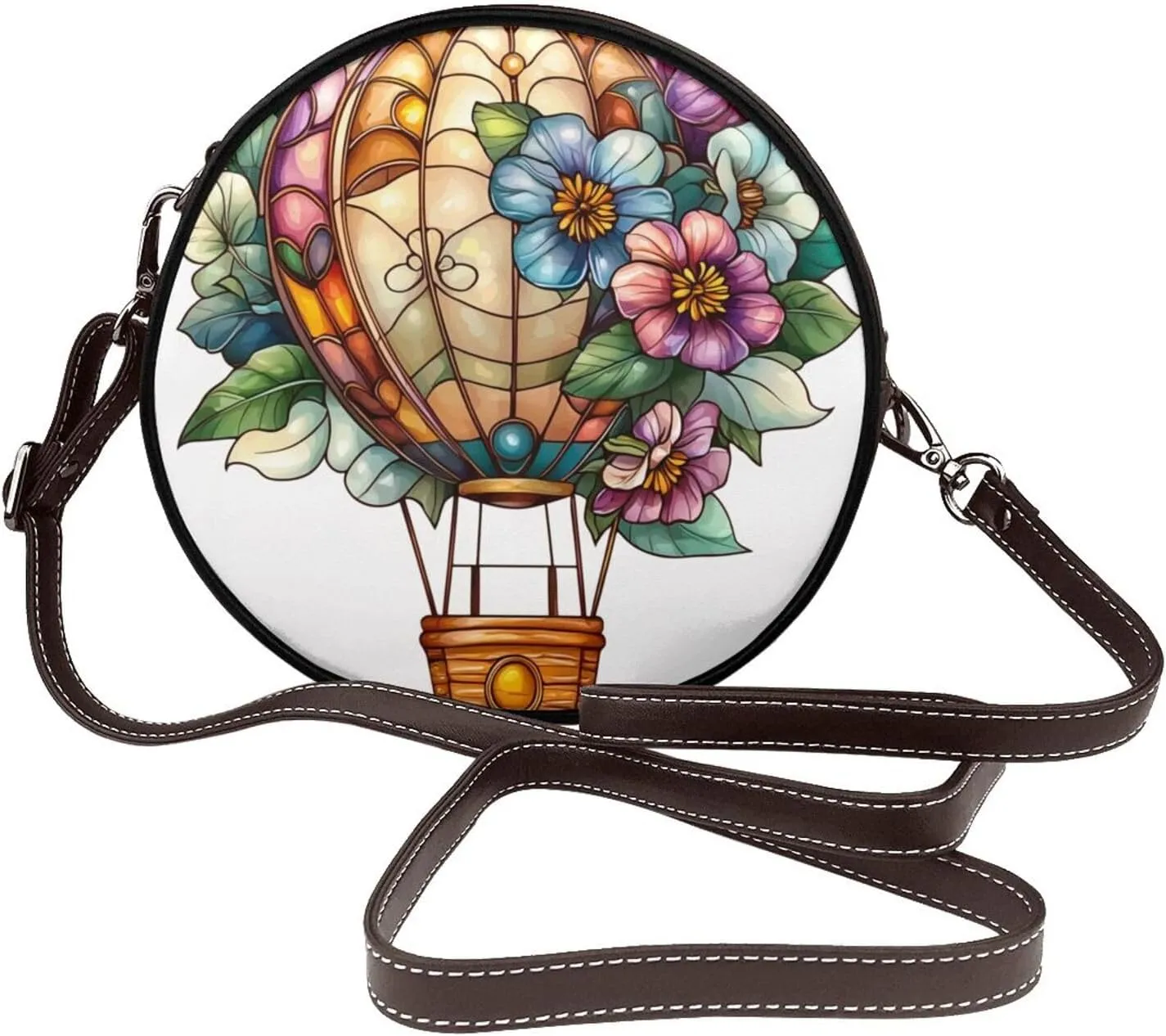 Hot Air Balloon With Flower Women Round Crossbody Bags Leather Sling Bag Purse