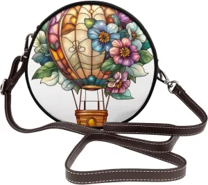 Hot Air Balloon With Flower Women Round Crossbody Bags Leather Sling Bag Purse
