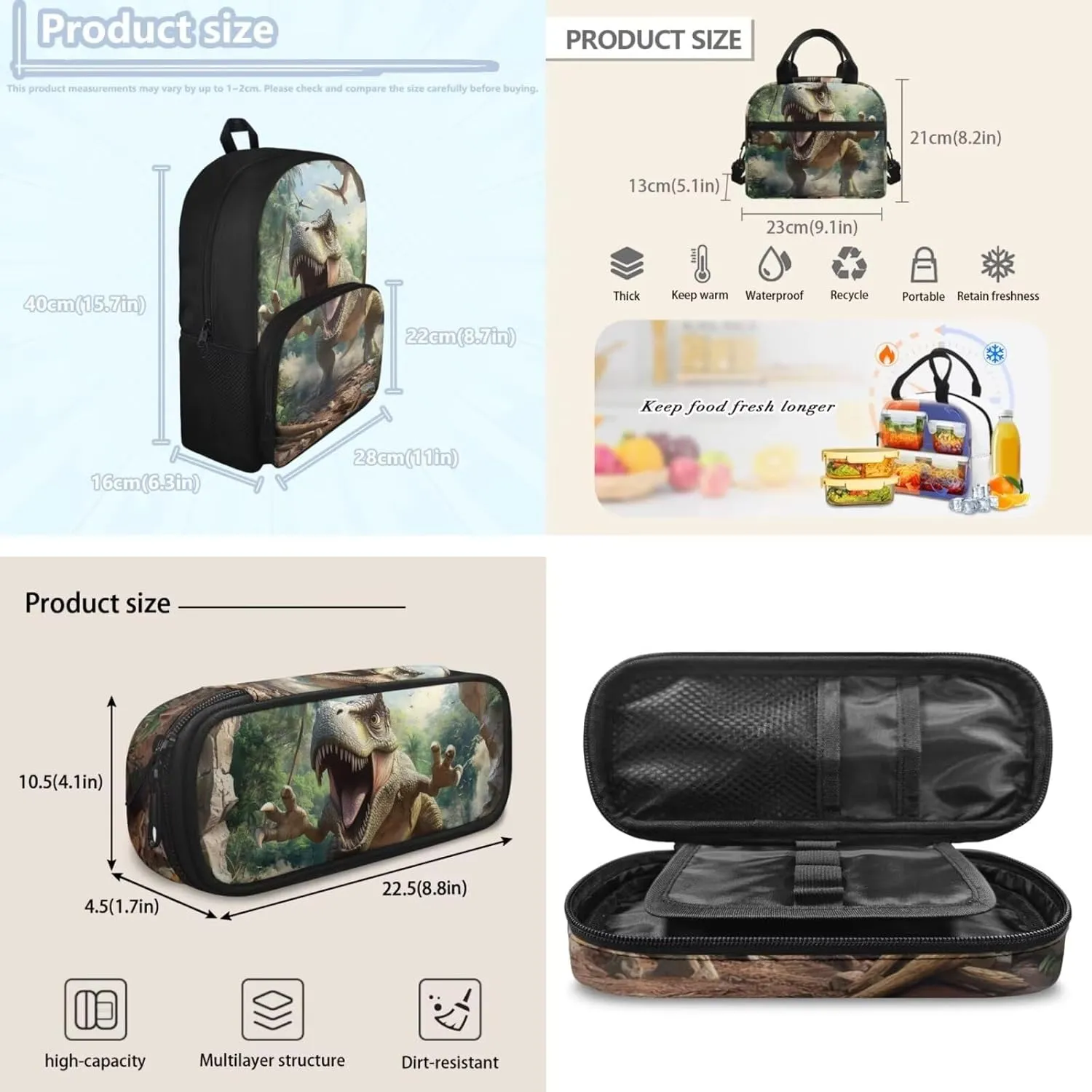 HUGS IDEA 3D Dinosaur Backpack for Toddler Boys 3-5 Large Capacity Kids School Bag 3-in-1 Bookbag Set with Lunch Box Pencil Case Lightweight Elementary Schoolbag Kids Travel Daypack
