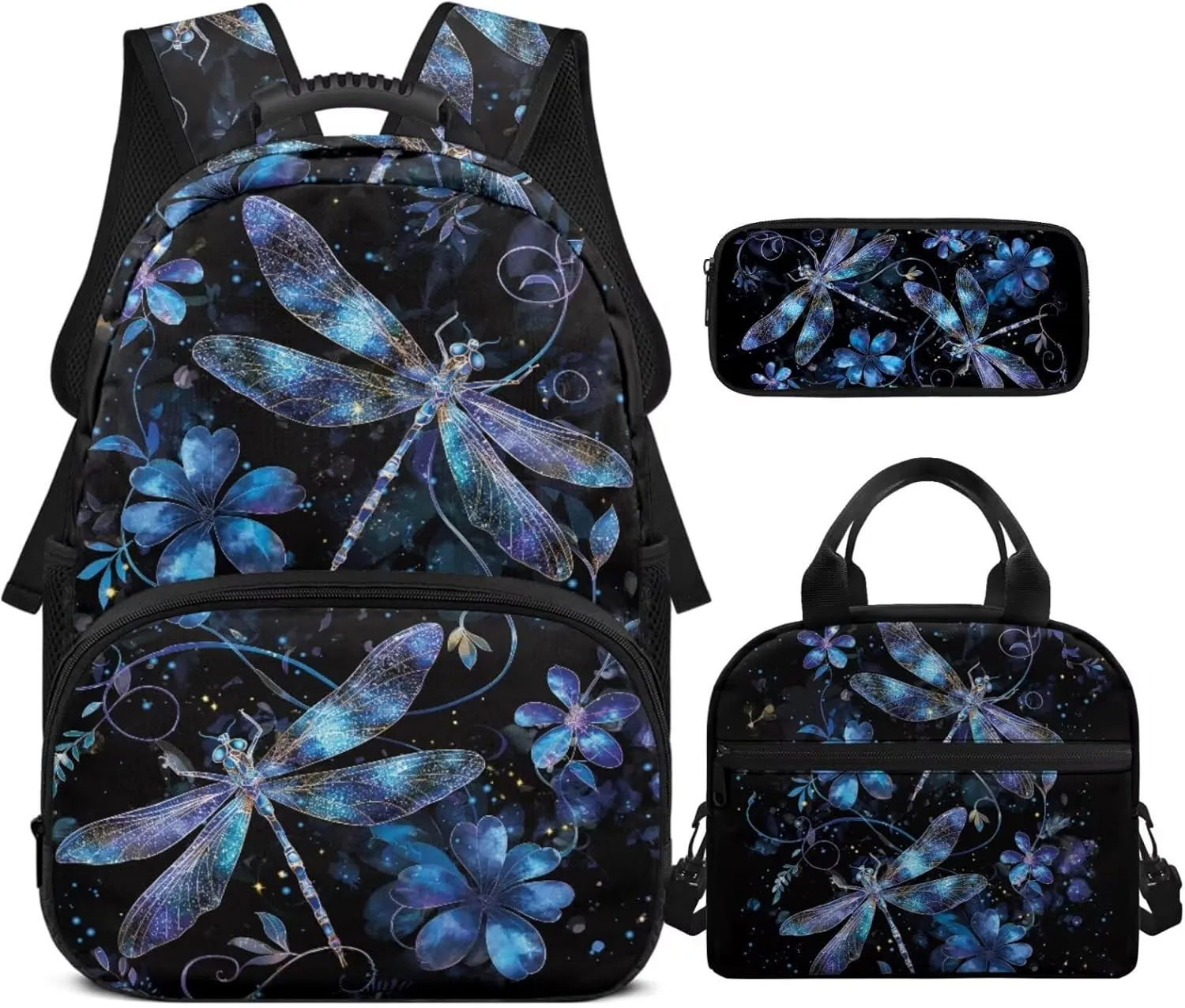 HUGS IDEA Blue Dragonfly Backpack for Kids with Lunch Box Middle School Book Bag for Teen Girls School Bag Portable Lunch Bag Large Capacity Pencil Case 17 Inch Children Schoolbag Set