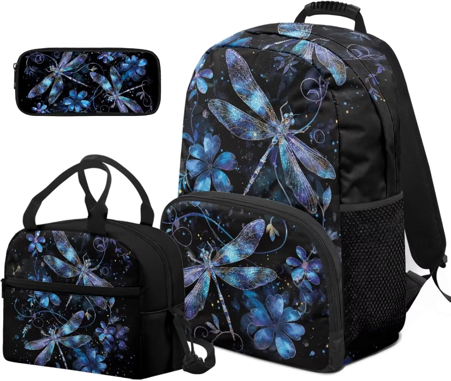 HUGS IDEA Blue Dragonfly Backpack for Kids with Lunch Box Middle School Book Bag for Teen Girls School Bag Portable Lunch Bag Large Capacity Pencil Case 17 Inch Children Schoolbag Set