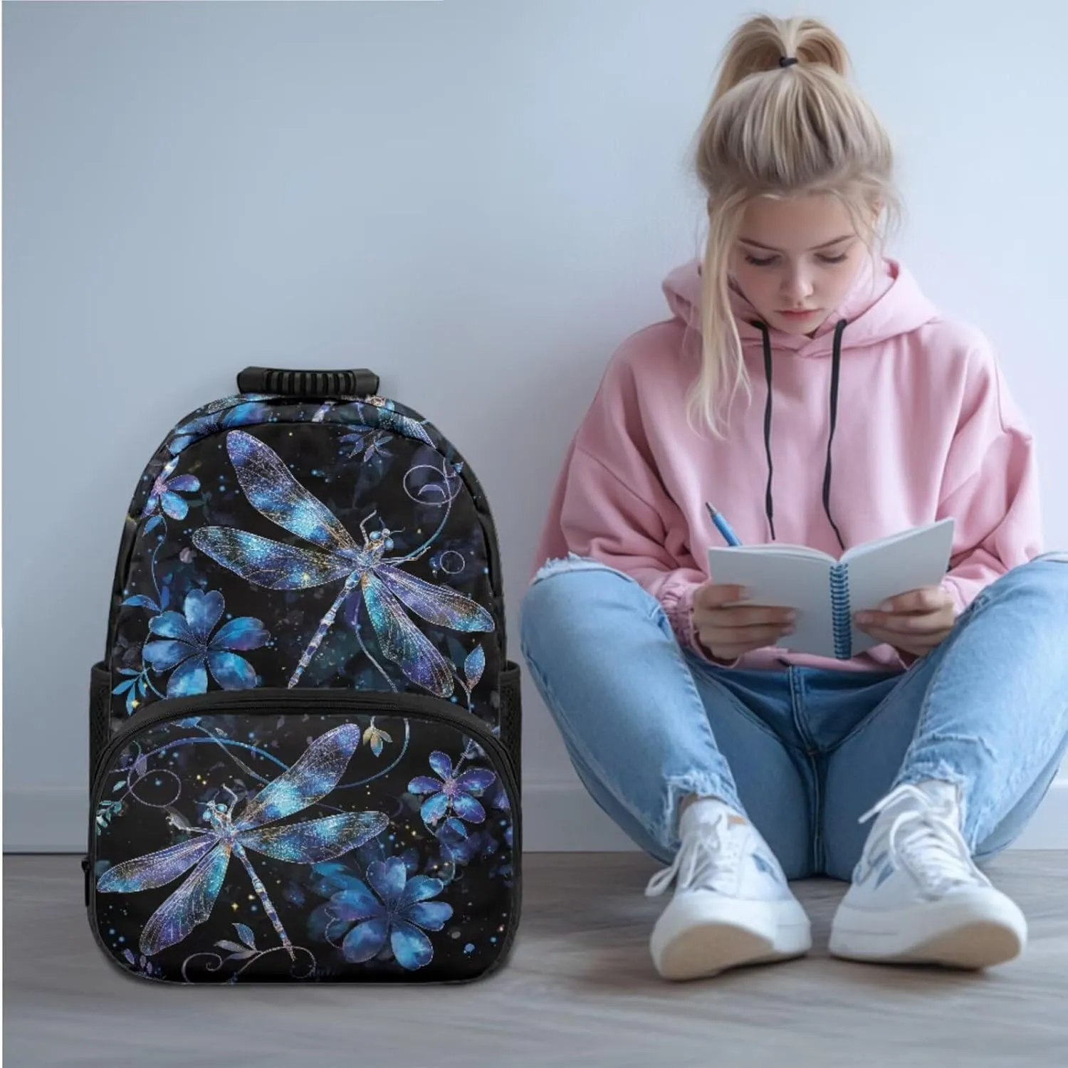 HUGS IDEA Blue Dragonfly Backpack for Kids with Lunch Box Middle School Book Bag for Teen Girls School Bag Portable Lunch Bag Large Capacity Pencil Case 17 Inch Children Schoolbag Set