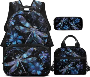 HUGS IDEA Blue Dragonfly Backpack for Kids with Lunch Box Middle School Book Bag for Teen Girls School Bag Portable Lunch Bag Large Capacity Pencil Case 17 Inch Children Schoolbag Set