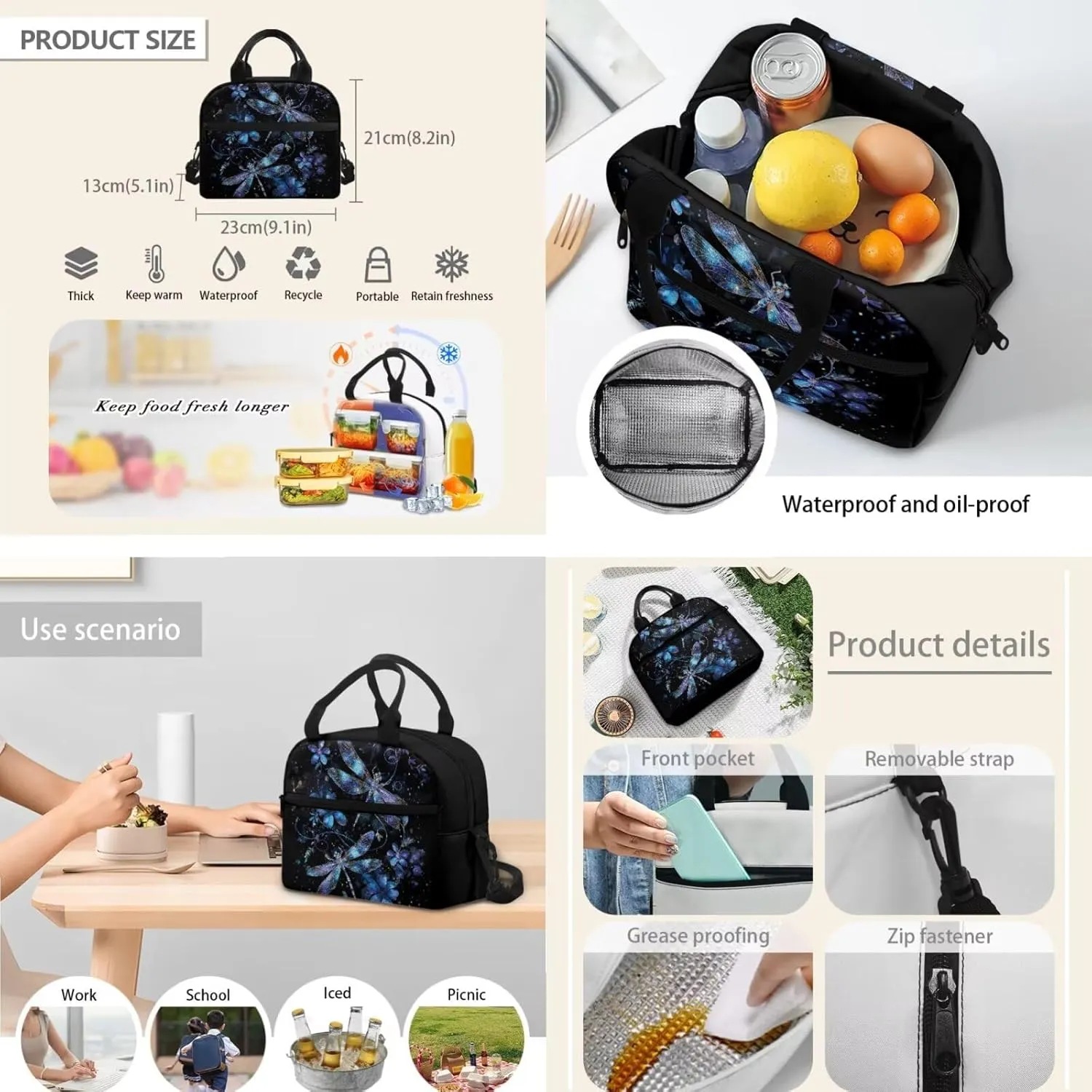 HUGS IDEA Blue Dragonfly Backpack for Kids with Lunch Box Middle School Book Bag for Teen Girls School Bag Portable Lunch Bag Large Capacity Pencil Case 17 Inch Children Schoolbag Set
