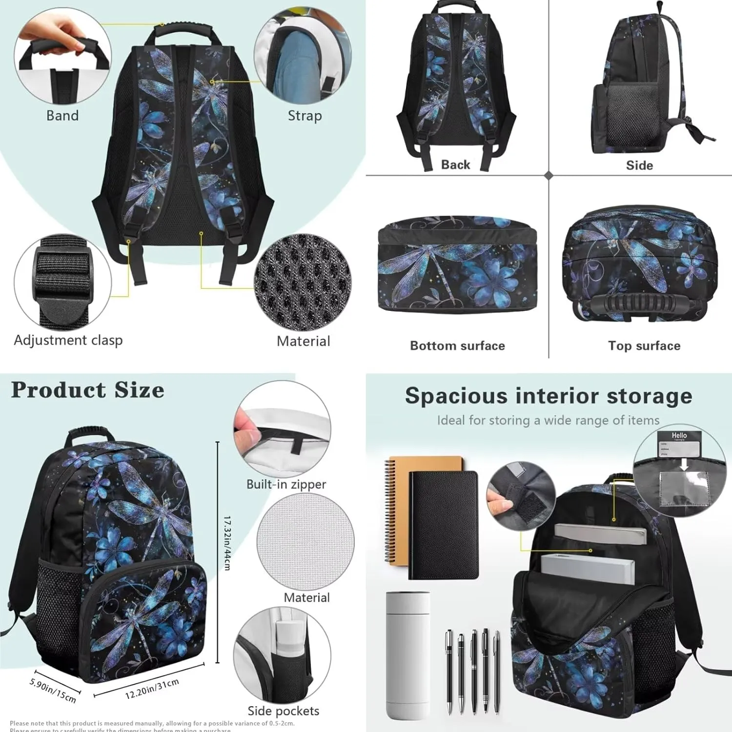 HUGS IDEA Blue Dragonfly Backpack for Kids with Lunch Box Middle School Book Bag for Teen Girls School Bag Portable Lunch Bag Large Capacity Pencil Case 17 Inch Children Schoolbag Set