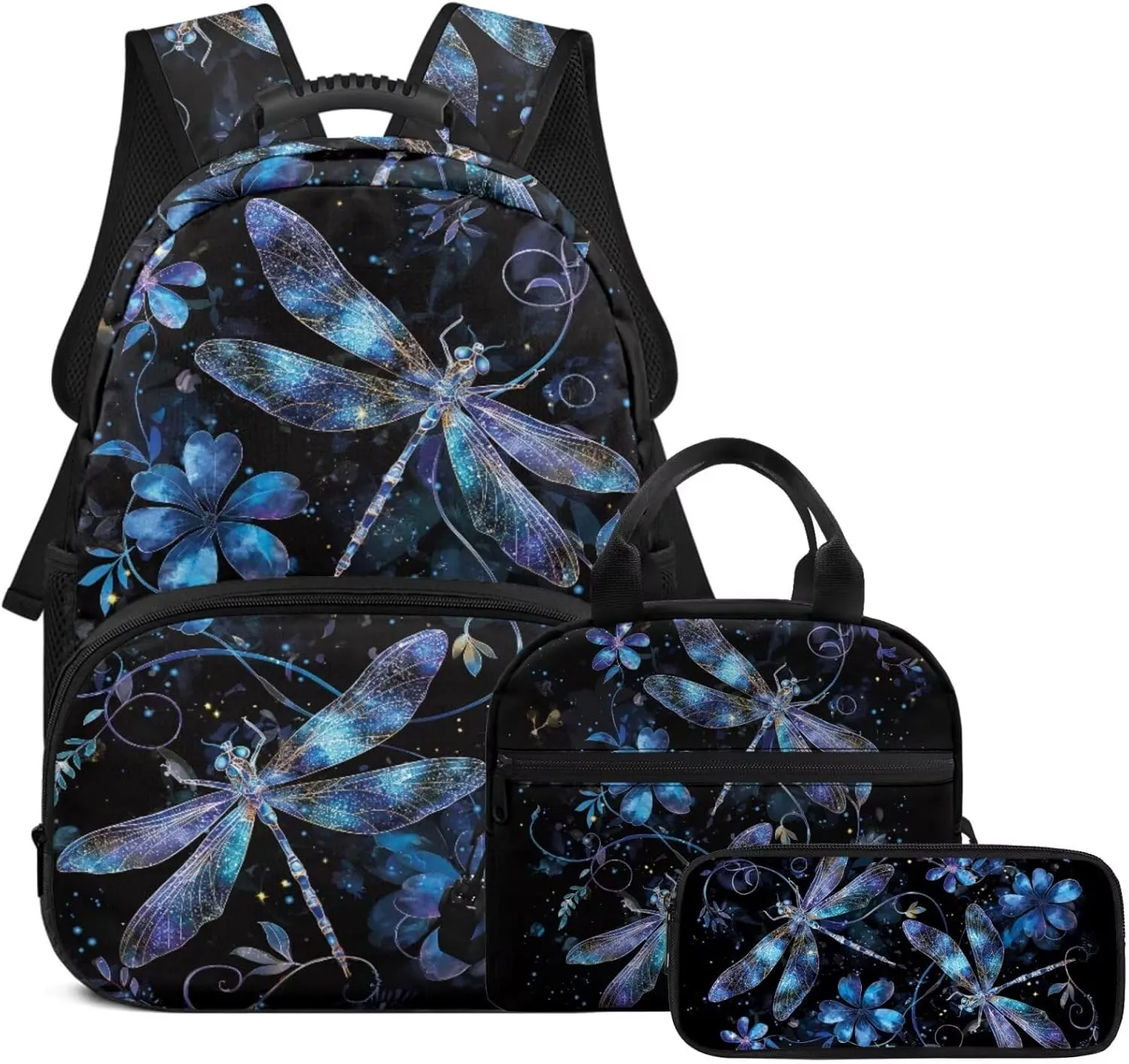 HUGS IDEA Blue Dragonfly Backpack for Kids with Lunch Box Middle School Book Bag for Teen Girls School Bag Portable Lunch Bag Large Capacity Pencil Case 17 Inch Children Schoolbag Set
