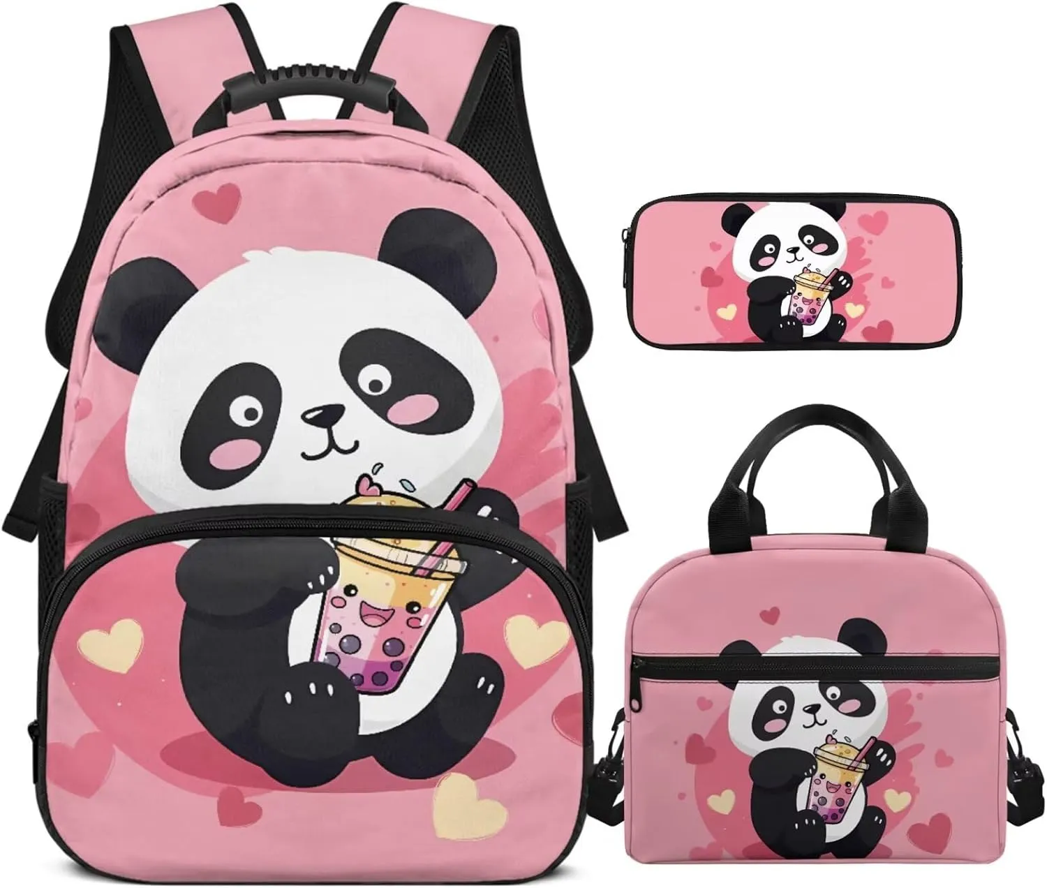 HUGS IDEA Cartoon Panda Backpack Set for Girls Bookbag and Lunch Box Set of 3 School Book Bags for Elementary School 17 inch Bookpack for Girls with Lunch Bag Pencil Case School Supplies
