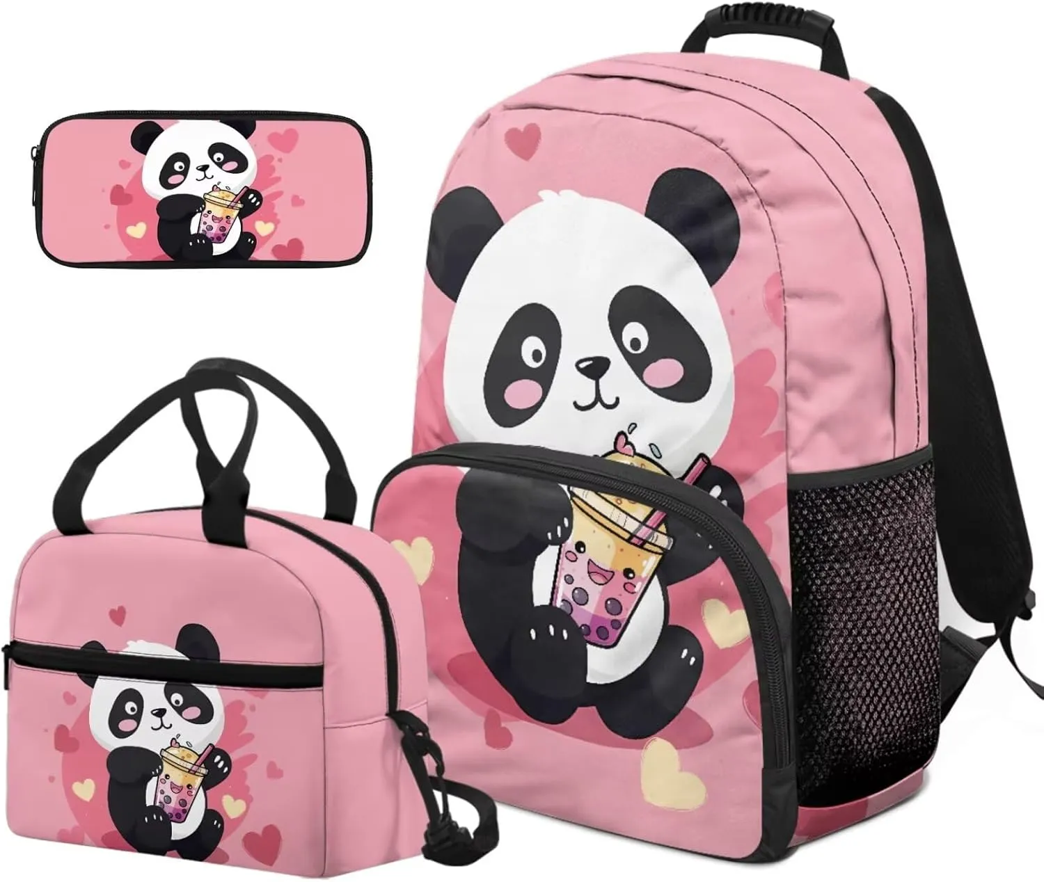 HUGS IDEA Cartoon Panda Backpack Set for Girls Bookbag and Lunch Box Set of 3 School Book Bags for Elementary School 17 inch Bookpack for Girls with Lunch Bag Pencil Case School Supplies