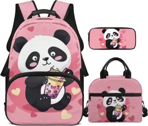 HUGS IDEA Cartoon Panda Backpack Set for Girls Bookbag and Lunch Box Set of 3 School Book Bags for Elementary School 17 inch Bookpack for Girls with Lunch Bag Pencil Case School Supplies