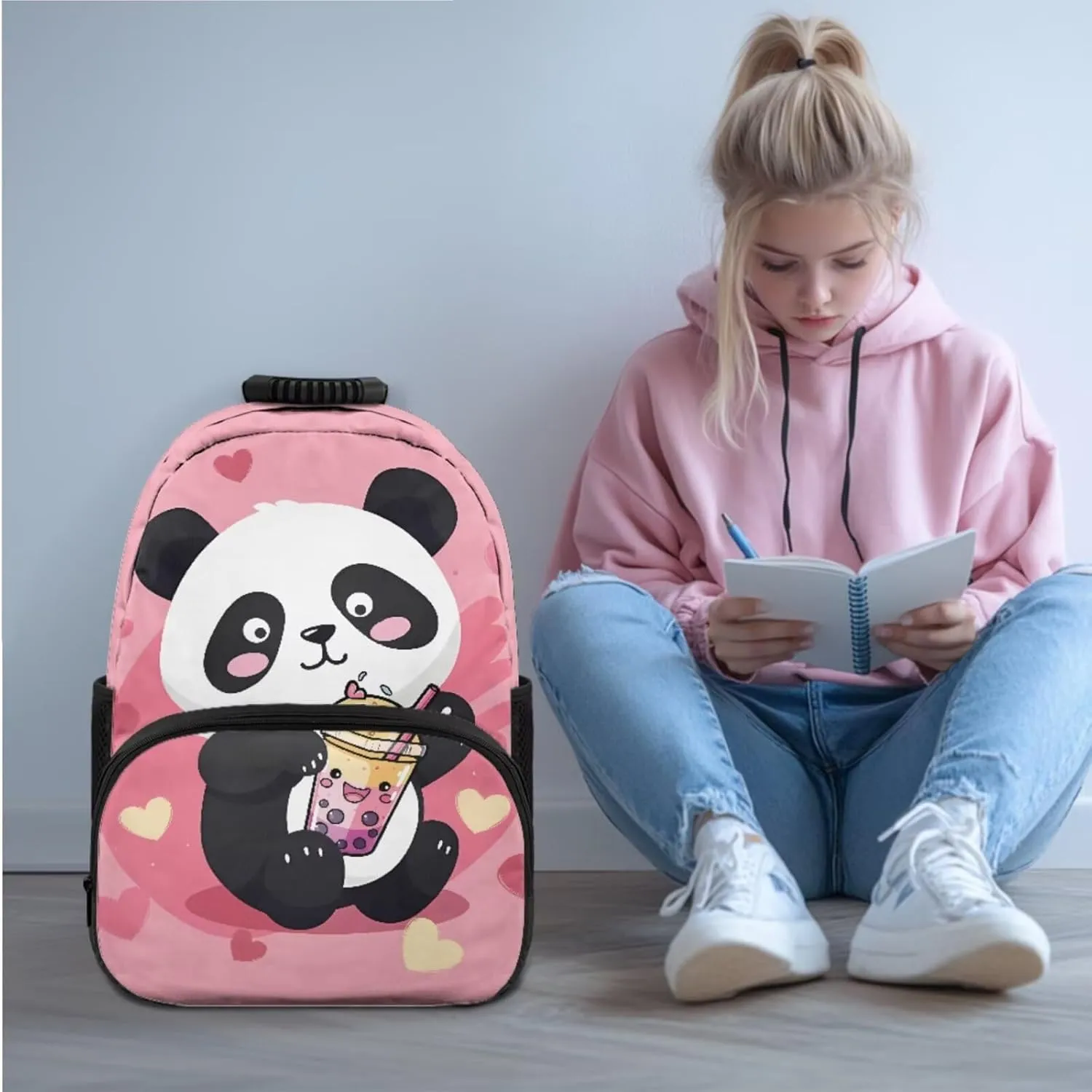 HUGS IDEA Cartoon Panda Backpack Set for Girls Bookbag and Lunch Box Set of 3 School Book Bags for Elementary School 17 inch Bookpack for Girls with Lunch Bag Pencil Case School Supplies