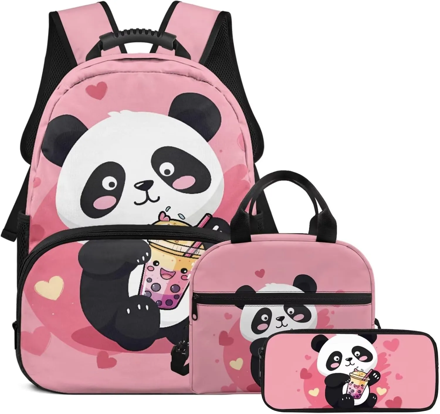 HUGS IDEA Cartoon Panda Backpack Set for Girls Bookbag and Lunch Box Set of 3 School Book Bags for Elementary School 17 inch Bookpack for Girls with Lunch Bag Pencil Case School Supplies