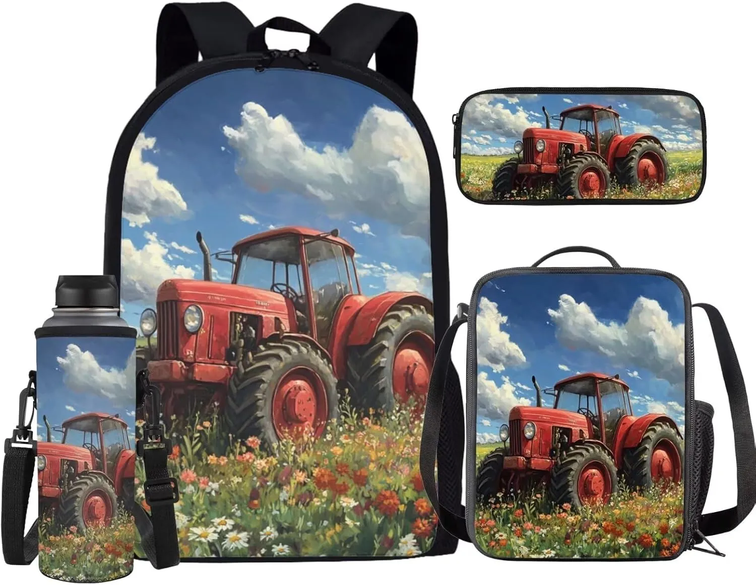 HUGS IDEA Cartoon Tractor Backpack for School Boys 3-5 Cute School Bookbag Set with Lunchbox 4 Pcs Kids Backpack Set for Boys Kindergarten Elementary School Bookbag Kids Travel Rucksack