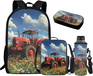 HUGS IDEA Cartoon Tractor Backpack for School Boys 3-5 Cute School Bookbag Set with Lunchbox 4 Pcs Kids Backpack Set for Boys Kindergarten Elementary School Bookbag Kids Travel Rucksack