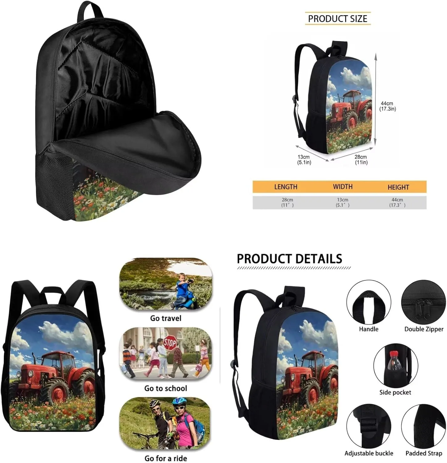 HUGS IDEA Cartoon Tractor Backpack for School Boys 3-5 Cute School Bookbag Set with Lunchbox 4 Pcs Kids Backpack Set for Boys Kindergarten Elementary School Bookbag Kids Travel Rucksack