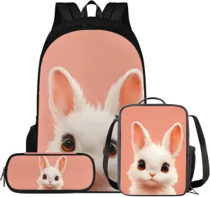HUGS IDEA Cute Bunny Backpack with Lunch Box for Girls 6-8 Pink School Bookbags for 3rd Grade Girls Backpack and Lunch Bag Set 3Pcs Kids Elementary School Book Bag Kids Travel Daypack