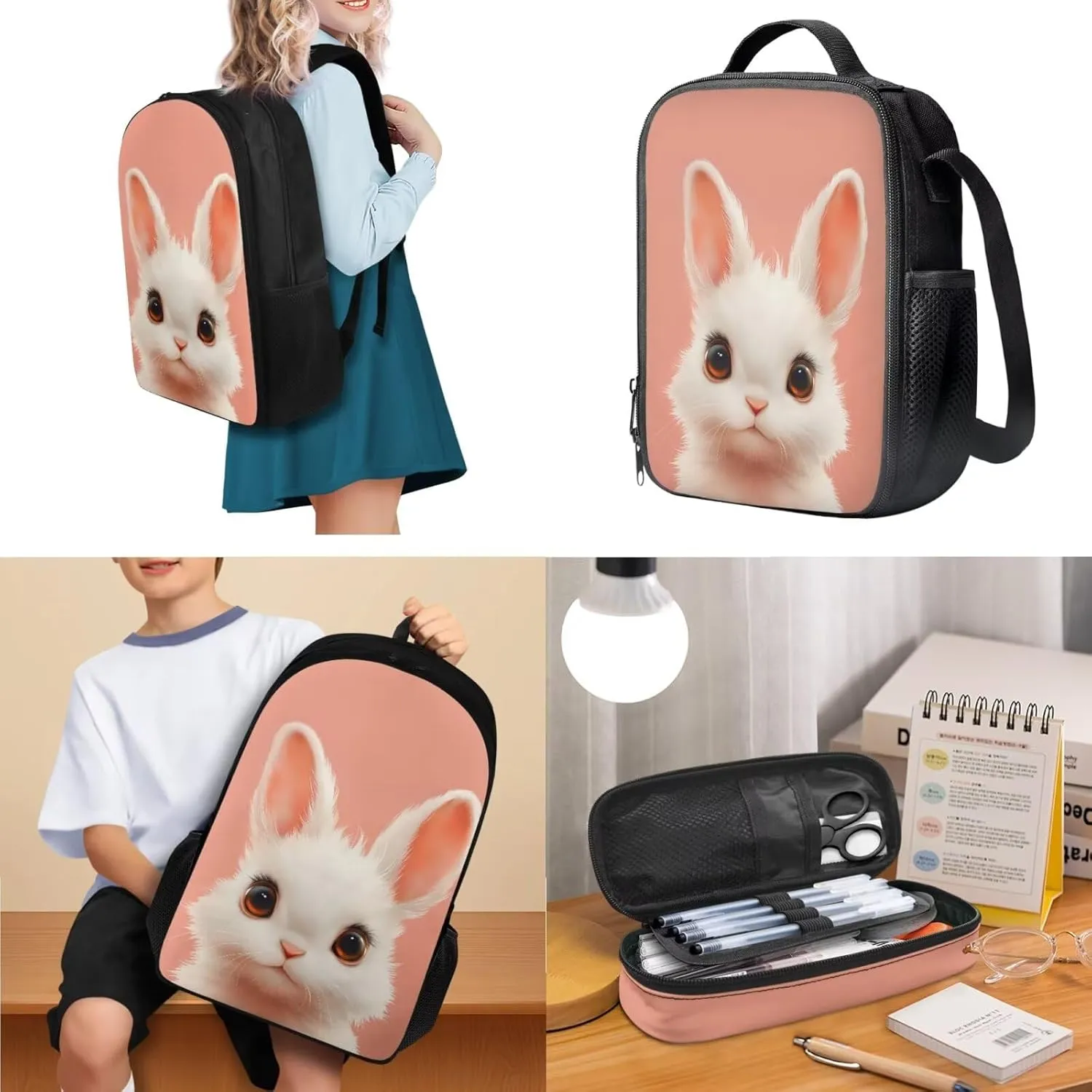 HUGS IDEA Cute Bunny Backpack with Lunch Box for Girls 6-8 Pink School Bookbags for 3rd Grade Girls Backpack and Lunch Bag Set 3Pcs Kids Elementary School Book Bag Kids Travel Daypack