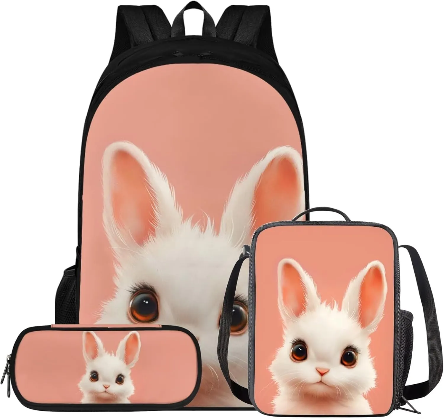 HUGS IDEA Cute Bunny Backpack with Lunch Box for Girls 6-8 Pink School Bookbags for 3rd Grade Girls Backpack and Lunch Bag Set 3Pcs Kids Elementary School Book Bag Kids Travel Daypack