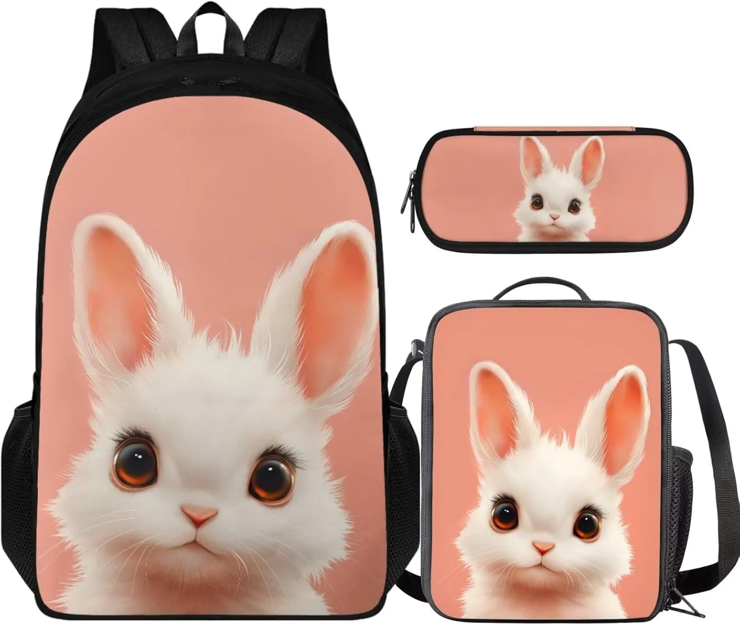 HUGS IDEA Cute Bunny Backpack with Lunch Box for Girls 6-8 Pink School Bookbags for 3rd Grade Girls Backpack and Lunch Bag Set 3Pcs Kids Elementary School Book Bag Kids Travel Daypack