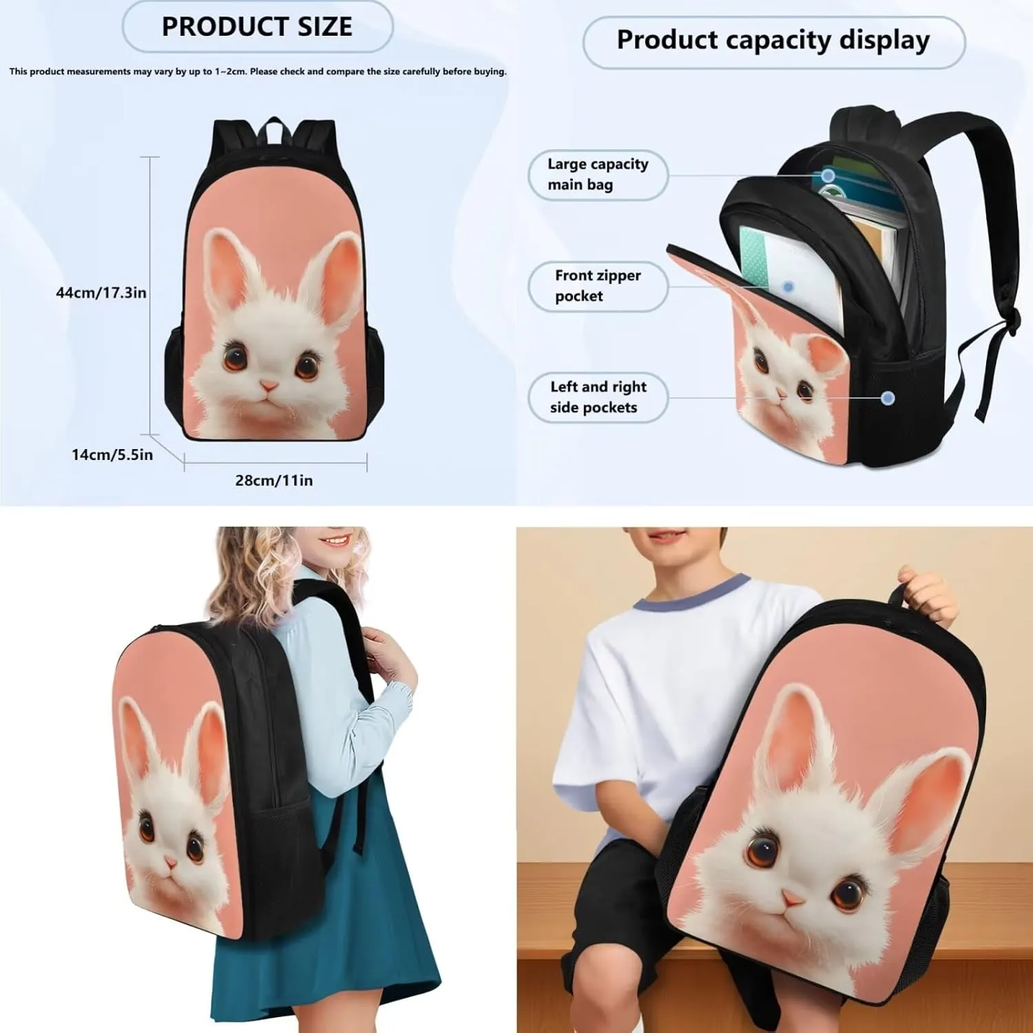 HUGS IDEA Cute Bunny Backpack with Lunch Box for Girls 6-8 Pink School Bookbags for 3rd Grade Girls Backpack and Lunch Bag Set 3Pcs Kids Elementary School Book Bag Kids Travel Daypack