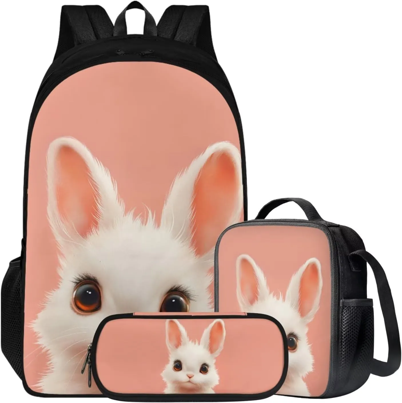 HUGS IDEA Cute Bunny Backpack with Lunch Box for Girls 6-8 Pink School Bookbags for 3rd Grade Girls Backpack and Lunch Bag Set 3Pcs Kids Elementary School Book Bag Kids Travel Daypack