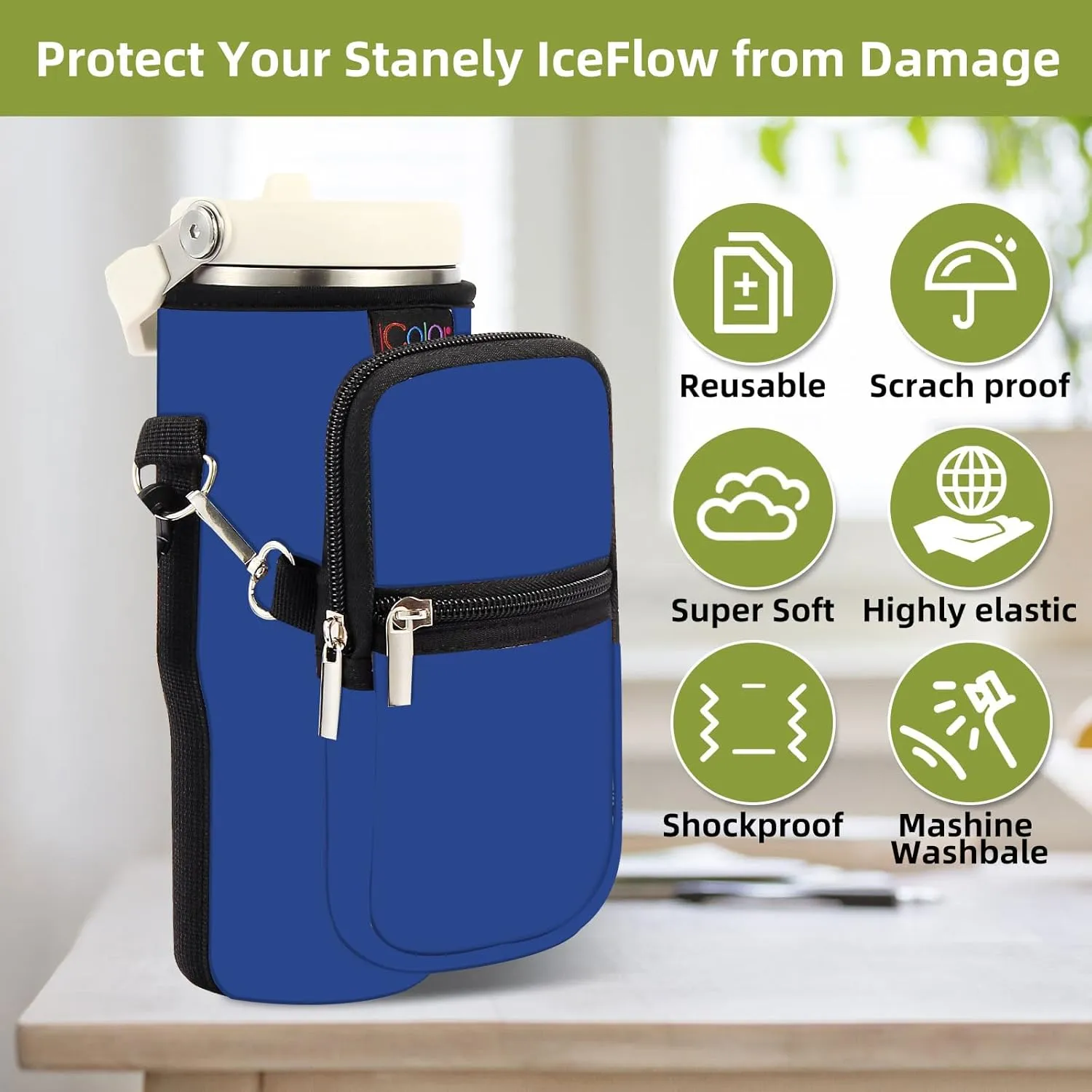 icolor Water Bottle Carrier Bag for Stanley IceFlow Flip Straw Tumbler 20/30oz Stanley IceFlow Mug Carrying Holder Neoprene Sleeve Stanley Cup Accessories Pouch Crossbody Sling for Travel Fitness