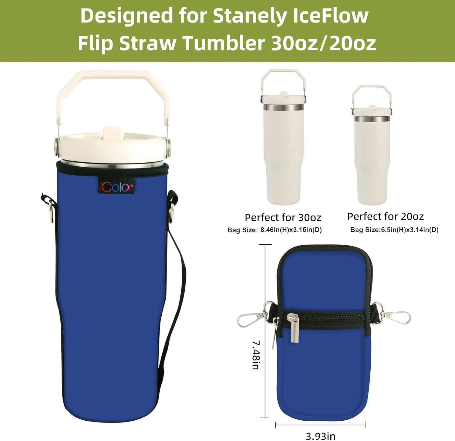 icolor Water Bottle Carrier Bag for Stanley IceFlow Flip Straw Tumbler 20/30oz Stanley IceFlow Mug Carrying Holder Neoprene Sleeve Stanley Cup Accessories Pouch Crossbody Sling for Travel Fitness