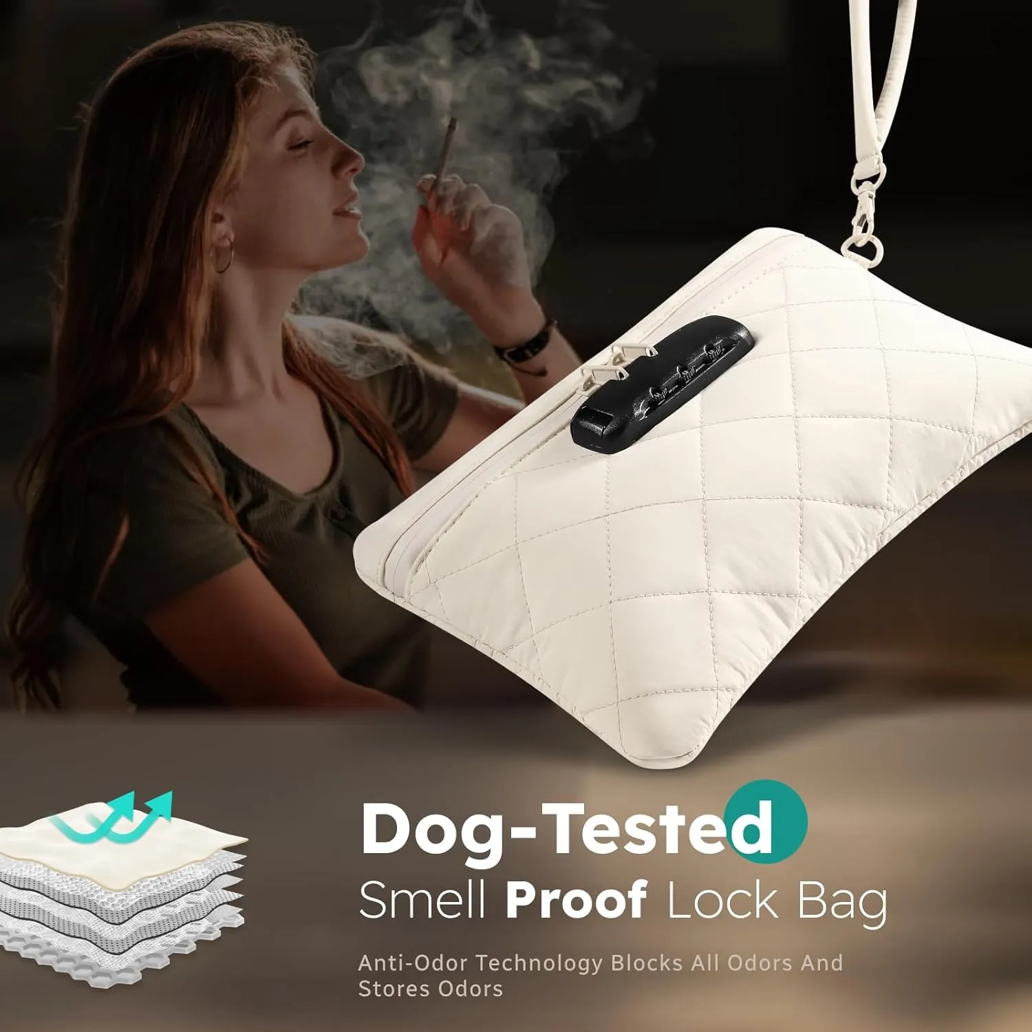 IDEATECH Quilted Smell Proof Stash Bag, Puffy Smell Proof Container, Security Money Bag Pouch with Lock, Odor Proof Travel Scent Locked Storage Bags, Women's Gifts for Friend (Off White)