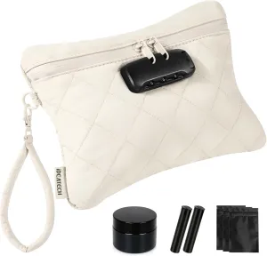 IDEATECH Quilted Smell Proof Stash Bag, Puffy Smell Proof Container, Security Money Bag Pouch with Lock, Odor Proof Travel Scent Locked Storage Bags, Women's Gifts for Friend (Off White)