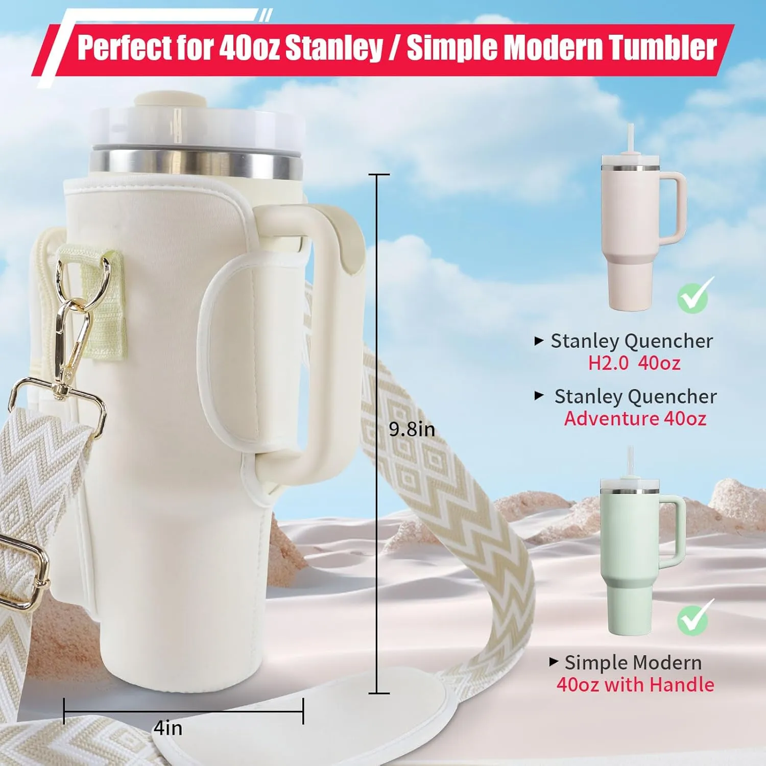 Initial A-Z Water Bottle Carrier Bag with Strap for Stanley 40 oz Tumbler, Personalized Water Bottle Holder Pouch with Pearl Letter Phone Pocket for Stanley Cup Accessories Custom Gift for Women Girls