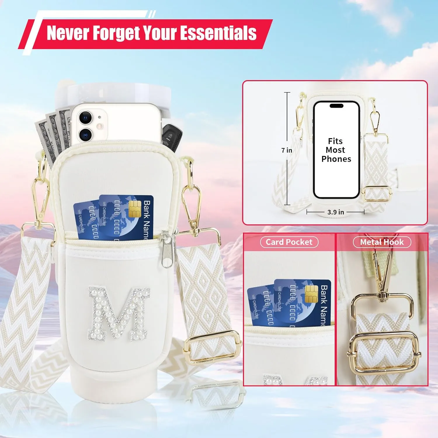 Initial A-Z Water Bottle Carrier Bag with Strap for Stanley 40 oz Tumbler, Personalized Water Bottle Holder Pouch with Pearl Letter Phone Pocket for Stanley Cup Accessories Custom Gift for Women Girls