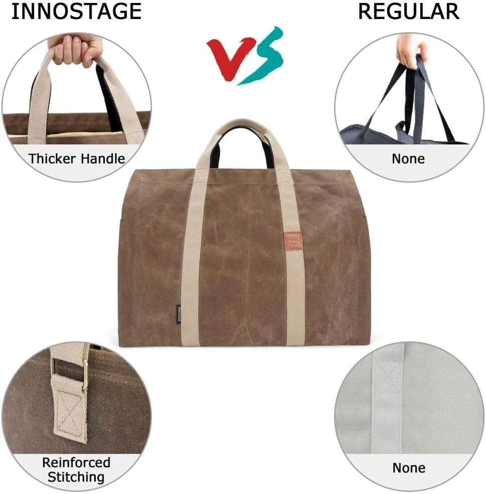 INNO STAGE Free-Standing Firewood Log Carrier Bag - 22 oz Thickened Waxed Canvas Fire Wood Holder Tote with Adjustable Shoulder Strap and Soft Handles for Camping or BBQ Barbecue Dark Khaki