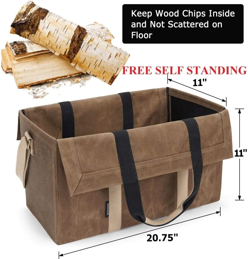 INNO STAGE Free-Standing Firewood Log Carrier Bag - 22 oz Thickened Waxed Canvas Fire Wood Holder Tote with Adjustable Shoulder Strap and Soft Handles for Camping or BBQ Barbecue Dark Khaki