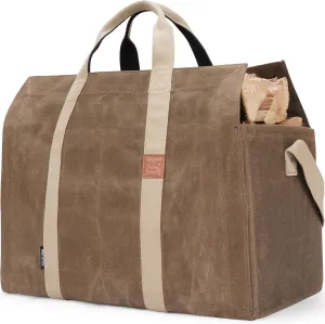 INNO STAGE Free-Standing Firewood Log Carrier Bag - 22 oz Thickened Waxed Canvas Fire Wood Holder Tote with Adjustable Shoulder Strap and Soft Handles for Camping or BBQ Barbecue Dark Khaki