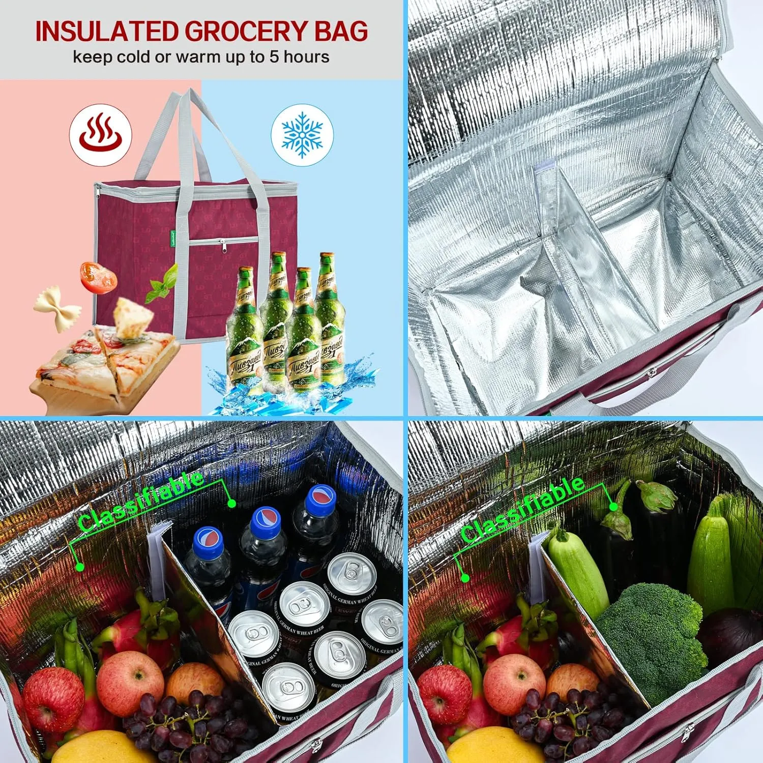 Insulated Grocery Bags Reusable Shopping Tote Cooler Bag With Zippered Top, Large Square Stand Up Food Carrier Delivery For Groceries Thermal Hot Or Cold Frozen Foods For Camping Travel 1Pack