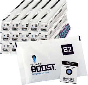 Integra Boost 67g 62% Percent 100 Pack for Humidity Control- Premium Humidifier Packets Preserve Herb Smell. Moisture Curing Gel Packs for Cigar, Humidor and Cannador. Free Legalize Tomatoes Sticker