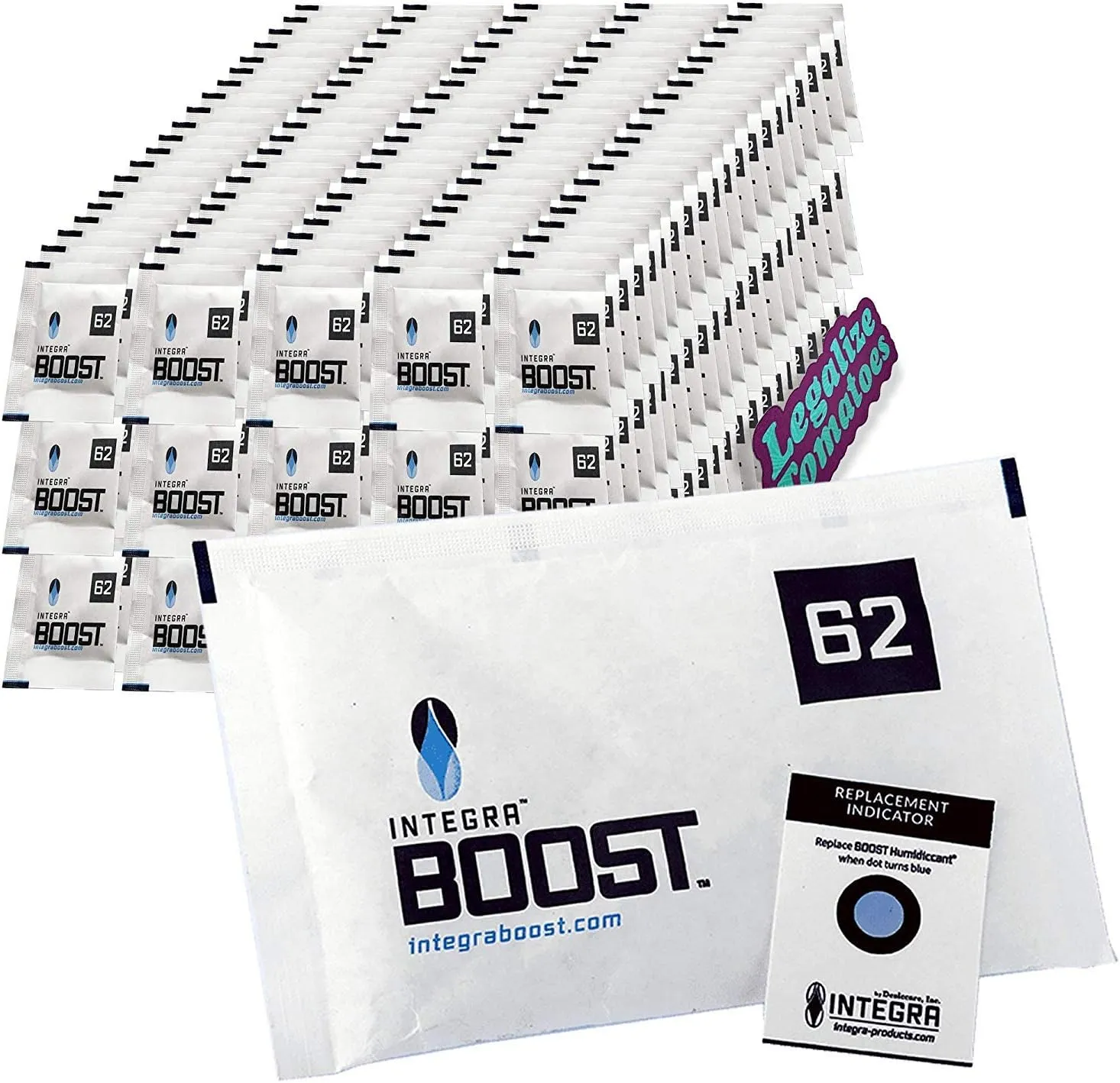 Integra Boost 67g 62% Percent 100 Pack for Humidity Control- Premium Humidifier Packets Preserve Herb Smell. Moisture Curing Gel Packs for Cigar, Humidor and Cannador. Free Legalize Tomatoes Sticker