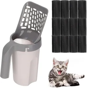 Integrated Cat Litter Scooper, Cat Poop Shoveling Cat Litter Scoop, Plastic Detachable Cat Litter Sieve Shovel with Waste, Quick Disposal, Includes 12 Rolls of Garbage Bags (with 12 Garbage Bag)
