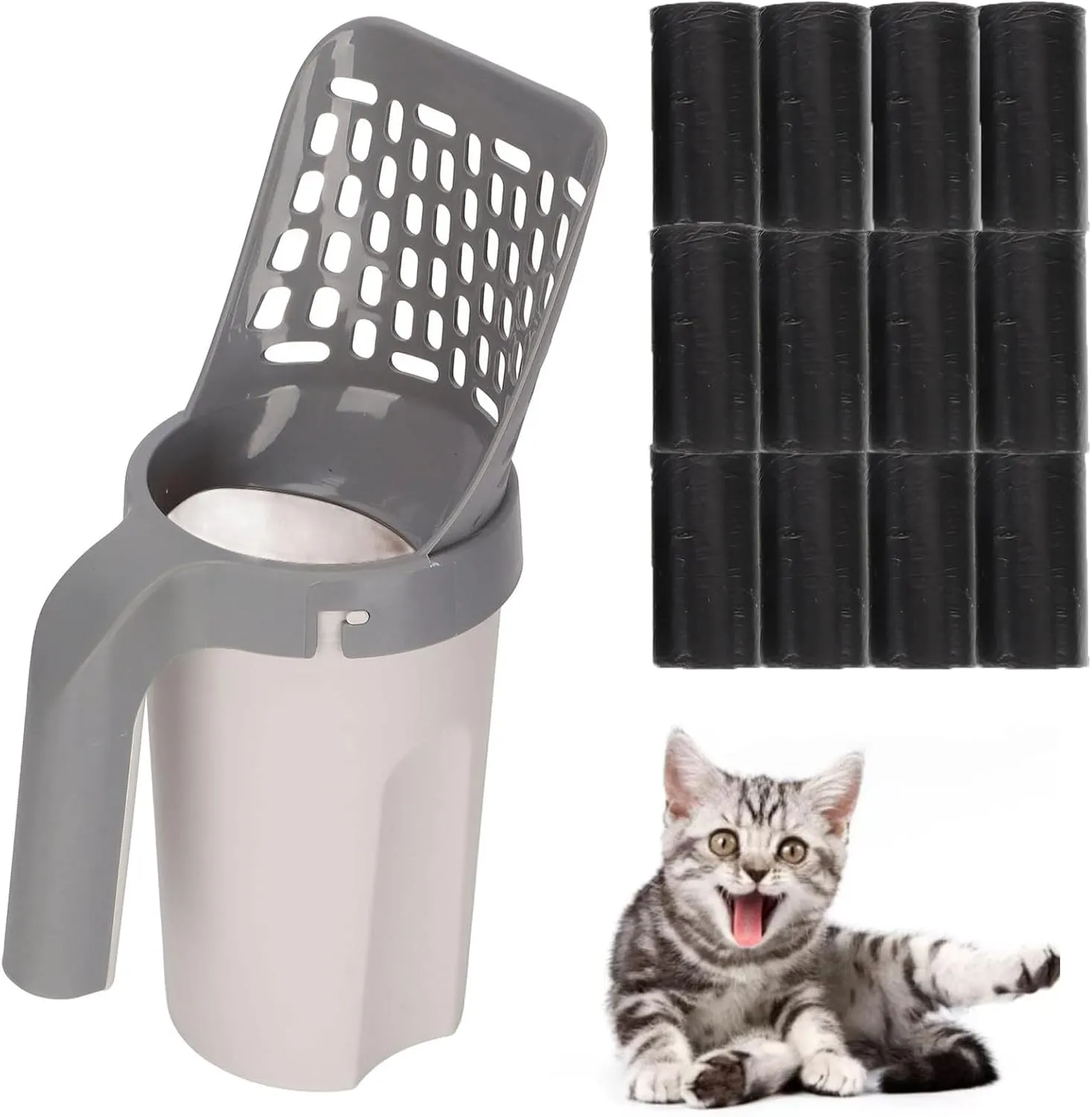 Integrated Cat Litter Scooper, Cat Poop Shoveling Cat Litter Scoop, Plastic Detachable Cat Litter Sieve Shovel with Waste, Quick Disposal, Includes 12 Rolls of Garbage Bags (with 12 Garbage Bag)