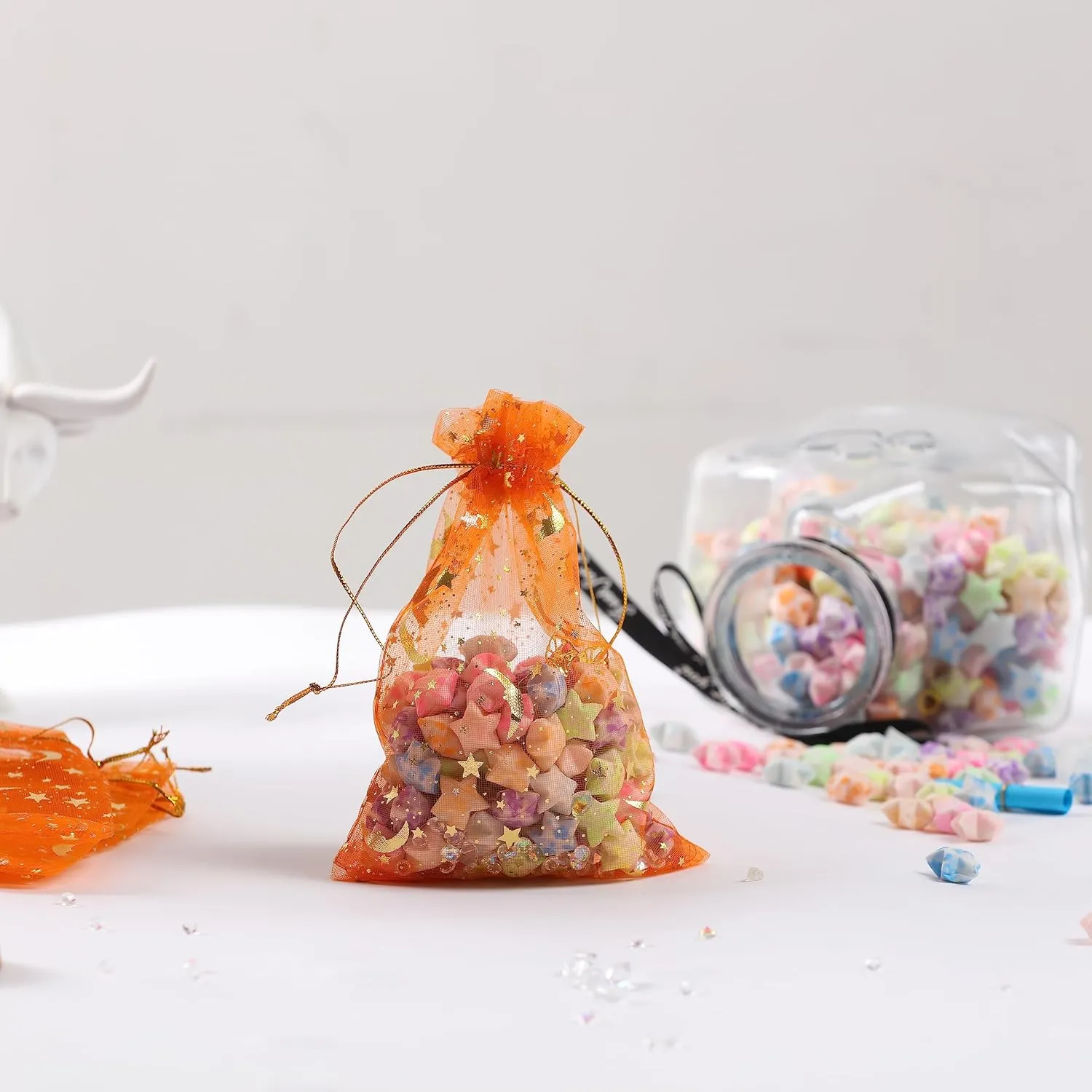 J&Rey Home Valentine's Day 100 pcs Moon And Star Design Small Gift Jewelry Organza Decorative Bags With Drawstring For Party (4"x6", Orange)