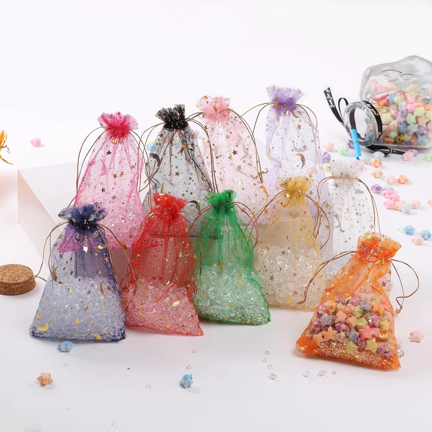 J&Rey Home Valentine's Day 100 pcs Moon And Star Design Small Gift Jewelry Organza Decorative Bags With Drawstring For Party (4"x6", Orange)