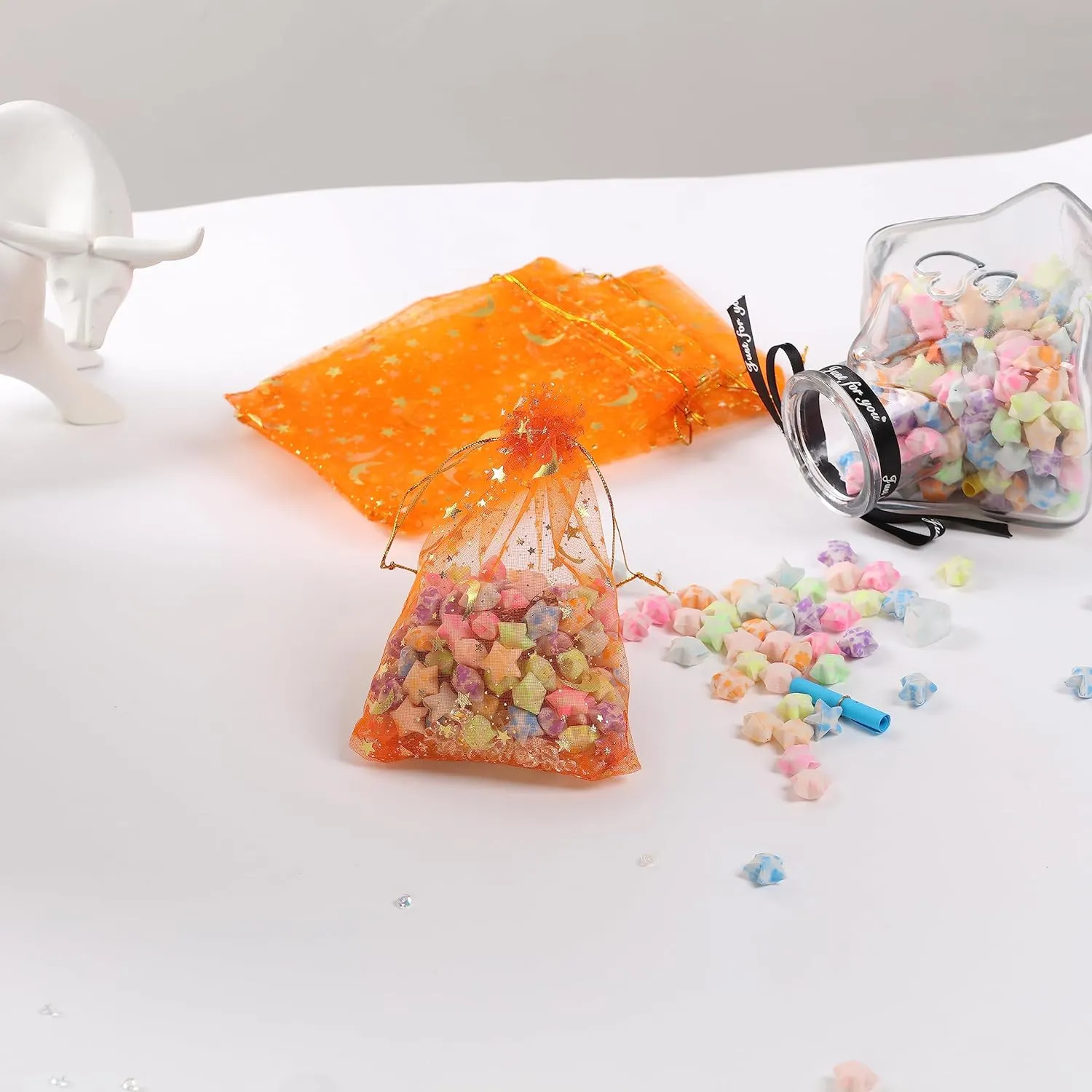 J&Rey Home Valentine's Day 100 pcs Moon And Star Design Small Gift Jewelry Organza Decorative Bags With Drawstring For Party (4"x6", Orange)