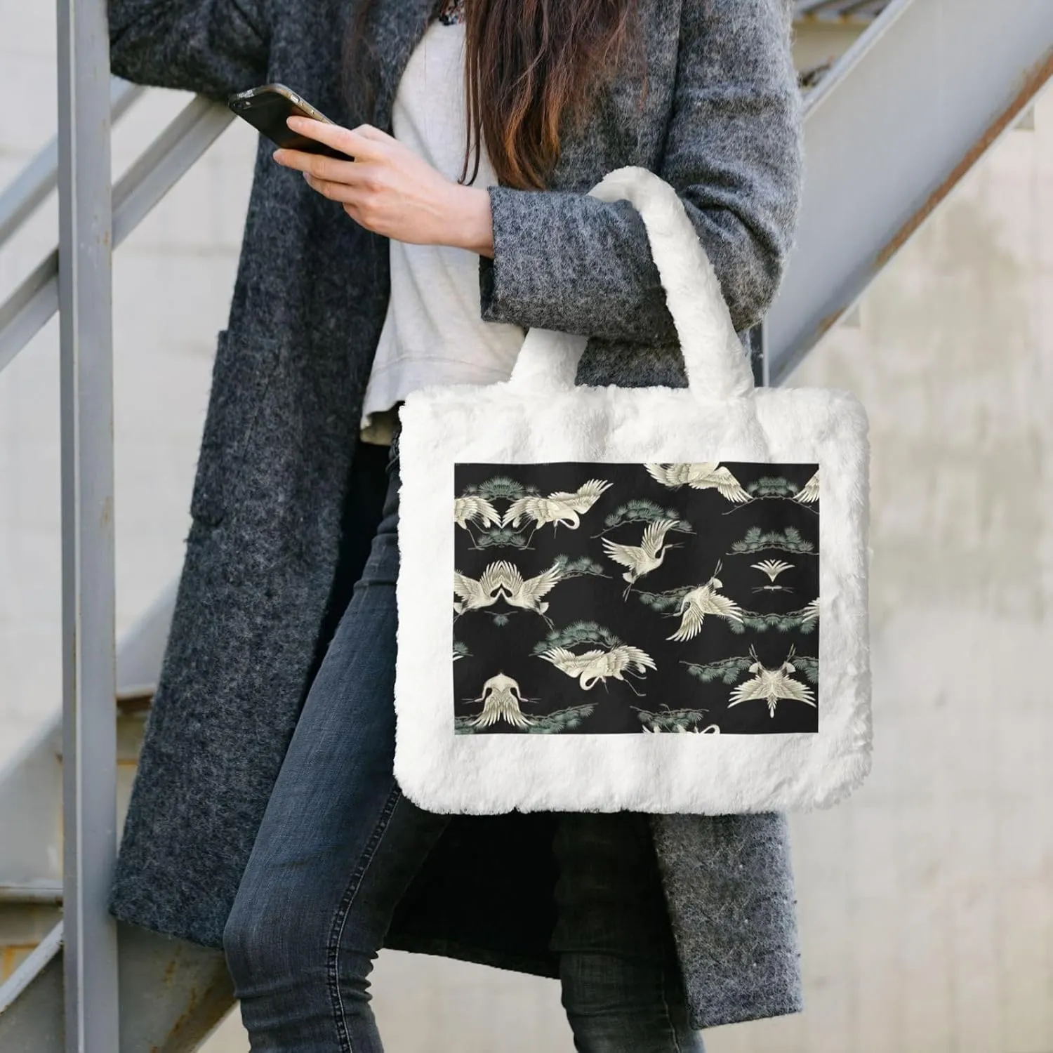 Japanese Crane & Pine Printing Soft Plush Handbag For Womens Tote Bag For Women,Women Satchel Bags Wallet Purse For Gifts