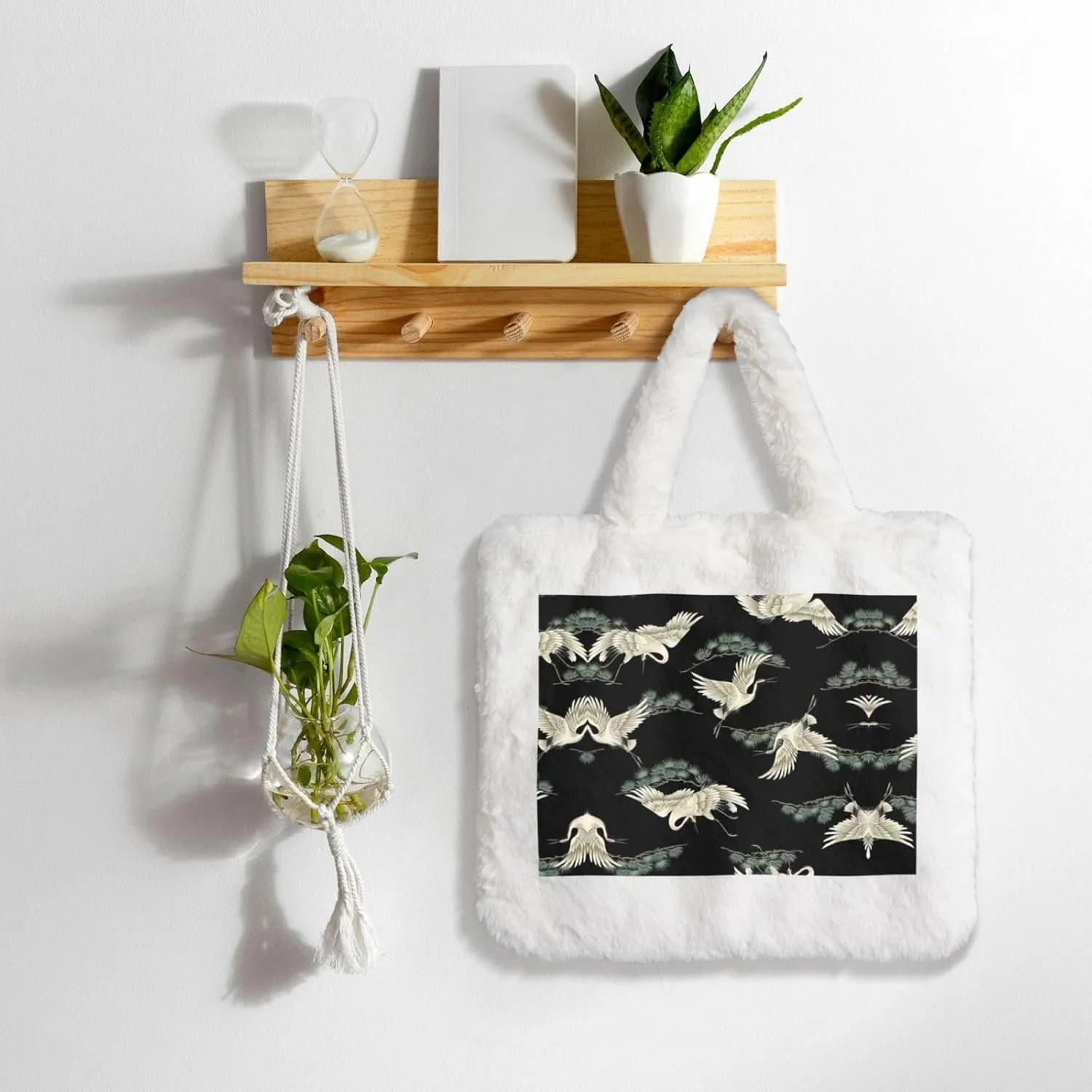 Japanese Crane & Pine Printing Soft Plush Handbag For Womens Tote Bag For Women,Women Satchel Bags Wallet Purse For Gifts