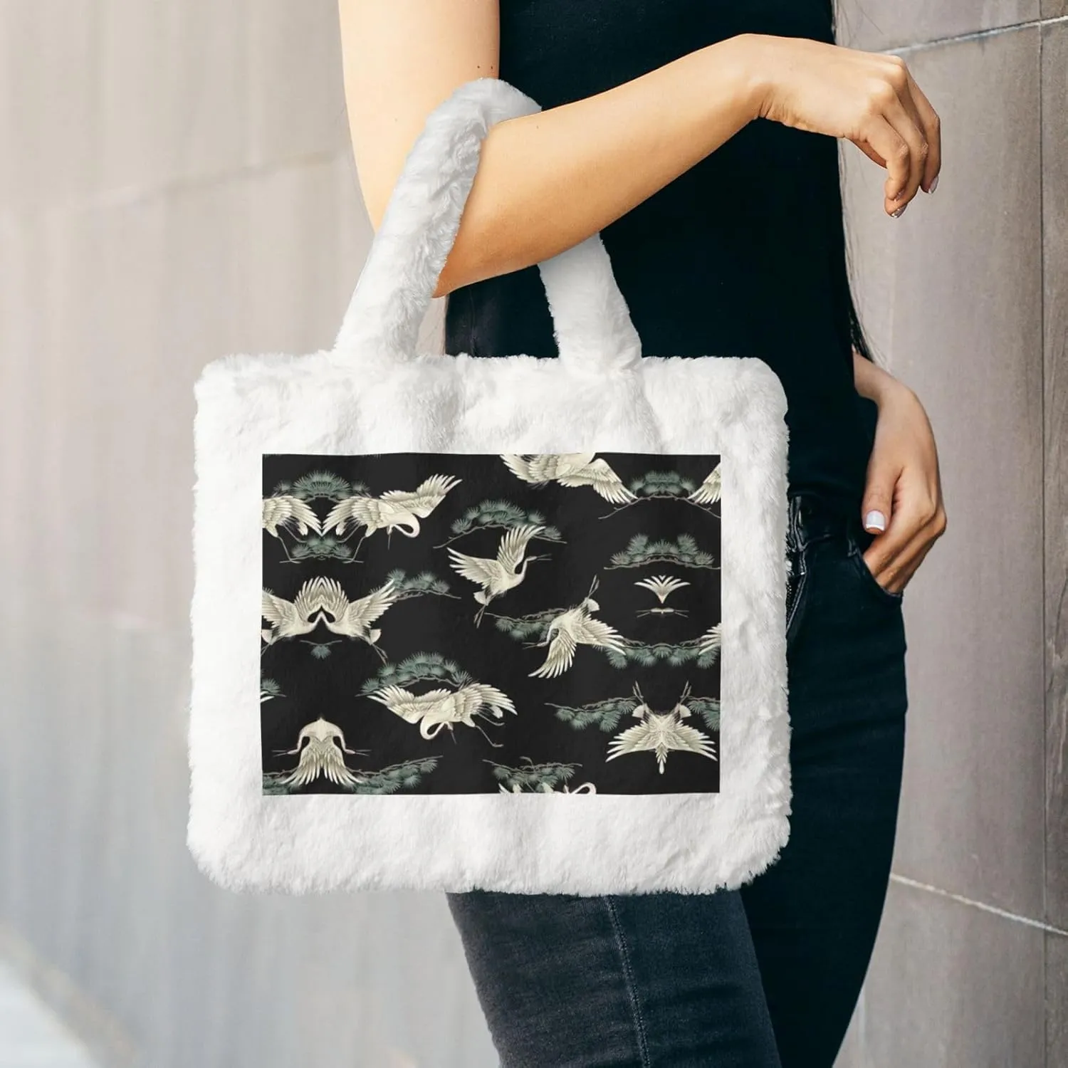 Japanese Crane & Pine Printing Soft Plush Handbag For Womens Tote Bag For Women,Women Satchel Bags Wallet Purse For Gifts