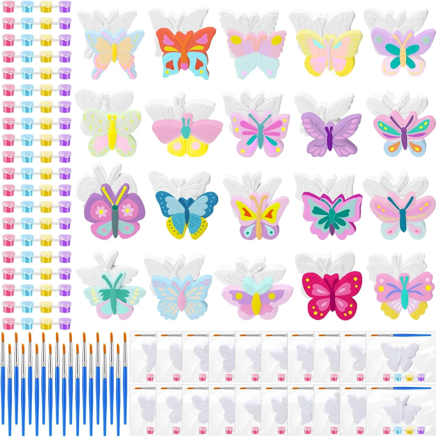 JellyArch 20 Set Butterfly DIY Painting Kit Summer Ceramic to Paint Your Own Butterfly Statues Unpainted Plaster Figurines Brushes Acrylic Paints Bags Party Favor for Adults