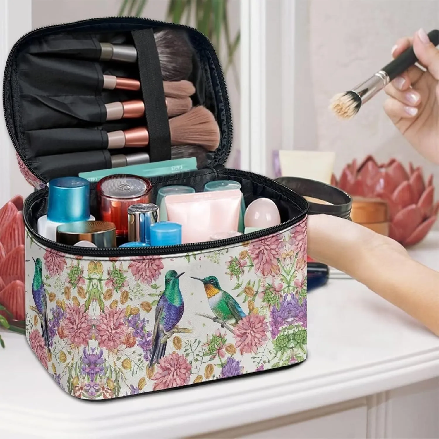 JEOCODY Hummingbird Cosmetic Bag Makeup Bag Portable Travel Cosmetic Bag for Women Tie Dye Print Travel Makeup Bag with Handle Makeup Bags for Women Cosmetic Bag Portable Travel Case